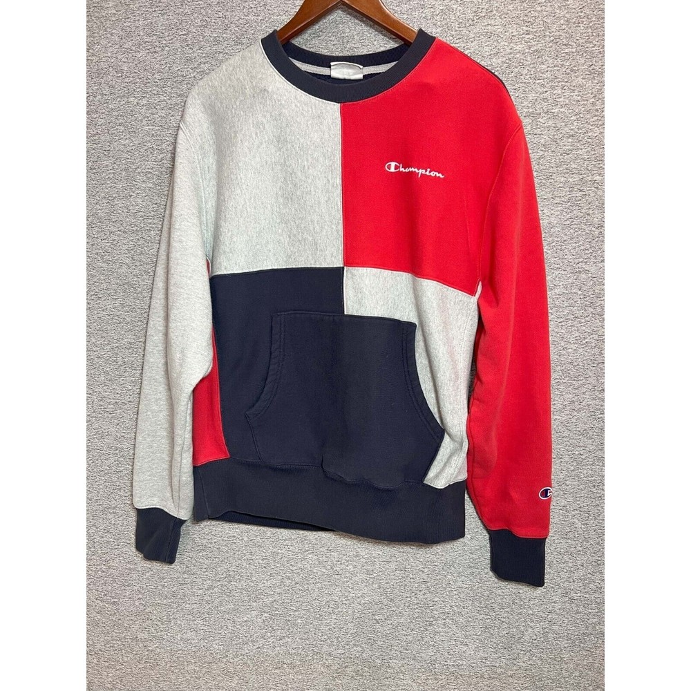 Champion Sweater Men Medium Reverse Weave Colorblock Long Sleeve Red Blue